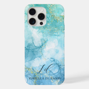 Coque iPhone 15 Pro Max Parties scintillant d'encre couleur bleu turquoise