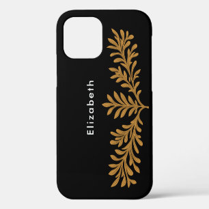 Coque iPhone 12 Pro Parties scintillant d'or noir Feuilles floraux Nom