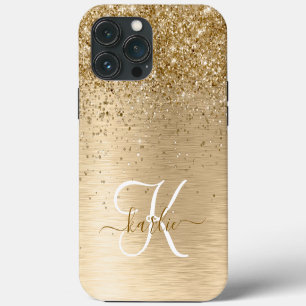 Etui iPhone 13 Pro Max Parties scintillant en métal brossé or Nom du mono