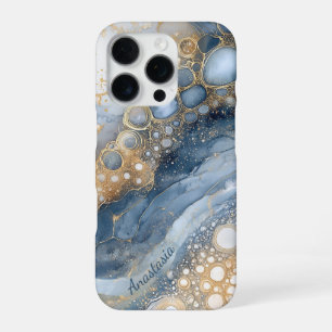 Coque iPhone 16 Pro Parties scintillant en or en marbre bleu personnal