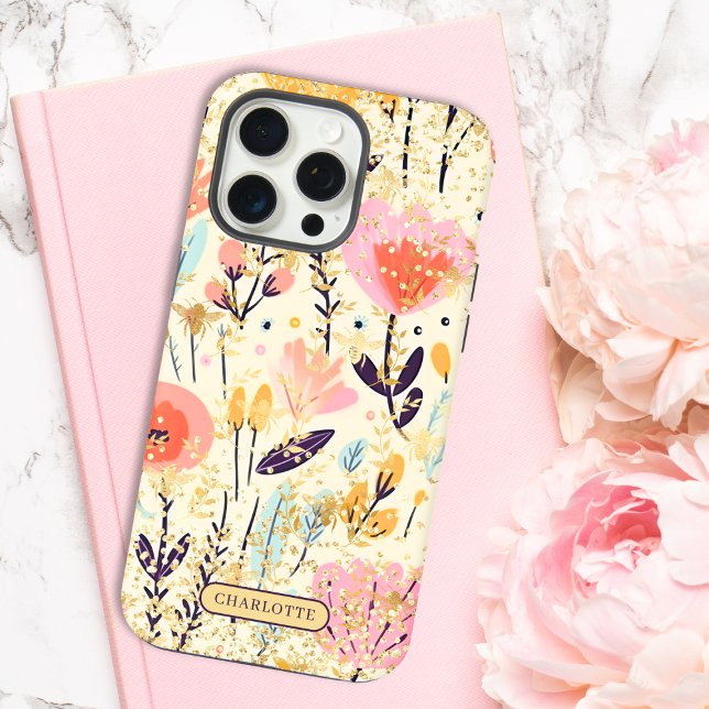 Coque iPhone Parties scintillant florale rose moderne Chic Nom  (Créateur téléchargé)
