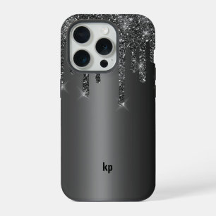 Coque iPhone 15 Pro Parties scintillant moderne noir gris gouttes sur