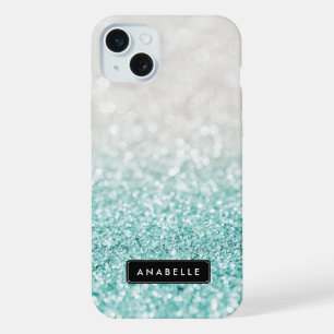 Coque iPhone 15 Plus Parties scintillant Ombre bleu clair et Motif Boke