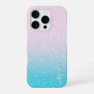 Coque iPhone 16 Pro Parties scintillant Ombre Faux rose et turquoise