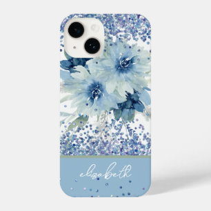 Coque Pour iPhone 14 Parties scintillant Personnalisée Blue Floral Nom