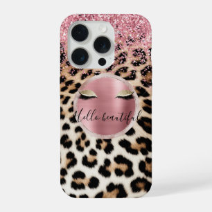 Coque iPhone 15 Pro Parties scintillant rose éclatante cils d'or léopa