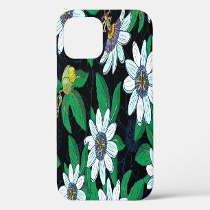 Coque iPhone 12 Passionflower Arrière - plan noir Floral sans join