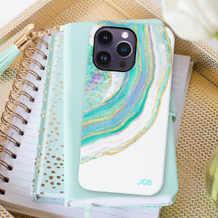 Coque Pour Pour iPhone 14 Pro Max Pastel Aqua et Agate violet avec Monogramme