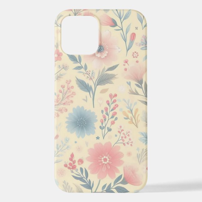Coque iPhone Pastel Floral rose & bleu sur jaune clair (Verso)