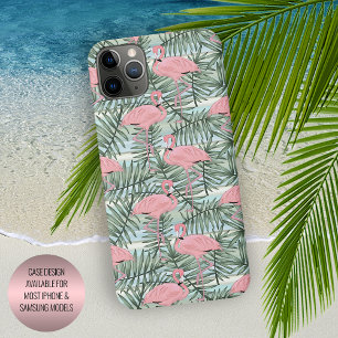 Coque iPhone 16 Pro Max Pastel rose flamants roses feuilles de palmier mot