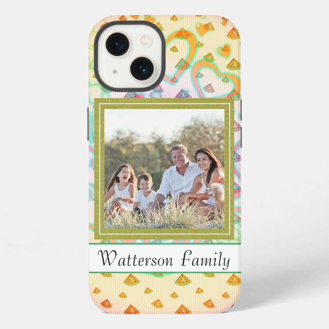 Coque iPhone Pastèque mignonne & coeurs, nom personnalisé & pho (Verso)