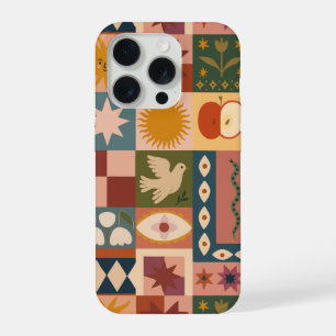 Coque iPhone 15 Pro Patchwork Céleste Bohème avec Symboles Mystiques