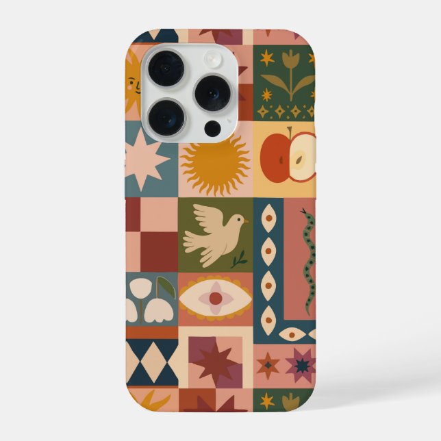 Coque iPhone Patchwork Céleste Bohème avec Symboles Mystiques (Verso)