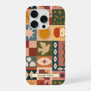 Coque iPhone 15 Pro Patchwork Céleste Bohème avec Symboles Mystiques