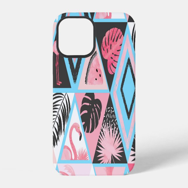 Coque iPhone Patchwork flamingo tropical, motif de palmier. (Verso)