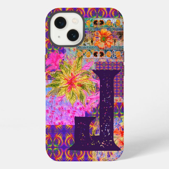 Coque iPhone Patchwork Floral Fou Motif Violet Monogramme (Verso)