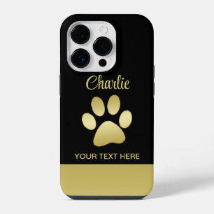 Coque Pour iPhone 14 Plus Patte de chien brillante en or sur fond noir
