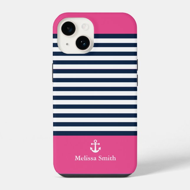 Coque iPhone Pattern Navy blue and white bands pink background (Verso)