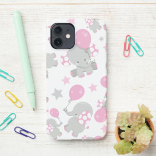 Coque iPhone 12 Pattern of Elephants, Cute Elephants - Pink Gray