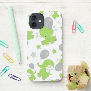 Coque iPhone 12 Pattern of Green Elephants, Cute Elephants, stars