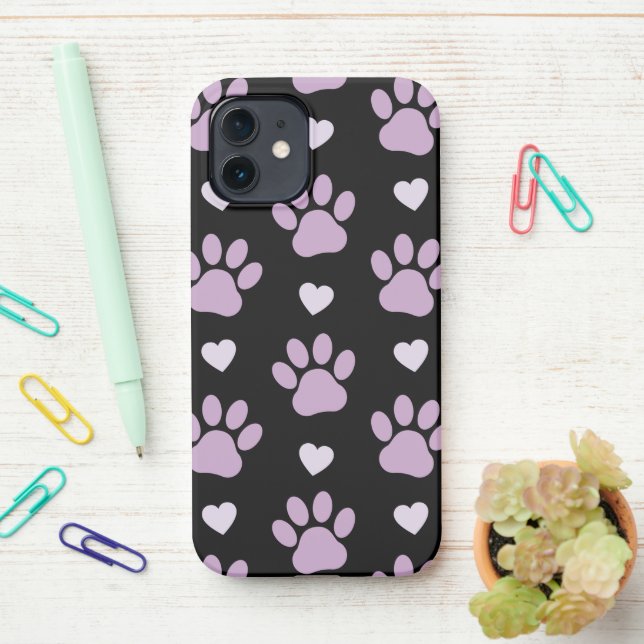 Coque iPhone Pattern of paws, Dog paws, Lilac paws, Hearts