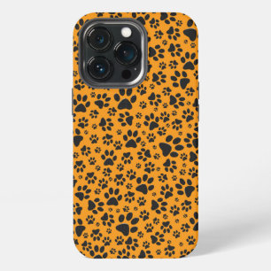 Etui iPhone 13 Pro Pattes de chien noir et blanc à pois sur fond oran