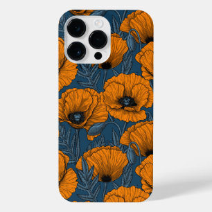 Coque Pour Pour iPhone 14 Pro Max Pavot orange sur bleu foncé