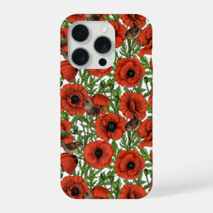 Coque iPhone 15 Pro Pavot rouge et brindilles, feuilles verts sur blan