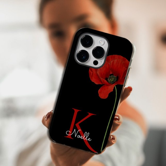 Coque iPhone Pavot simple rouge monogramme sur noir (Créateur téléchargé)