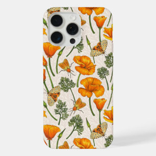 Coque iPhone 15 Pro Max Pavots de Californie et papillons de nuit sur fond