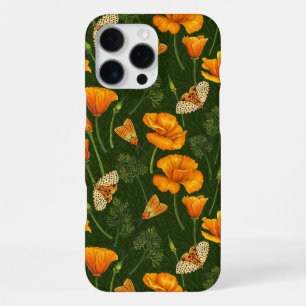 Coque iPhone 16 Pro Max Pavots de Californie et papillons de nuit sur fond