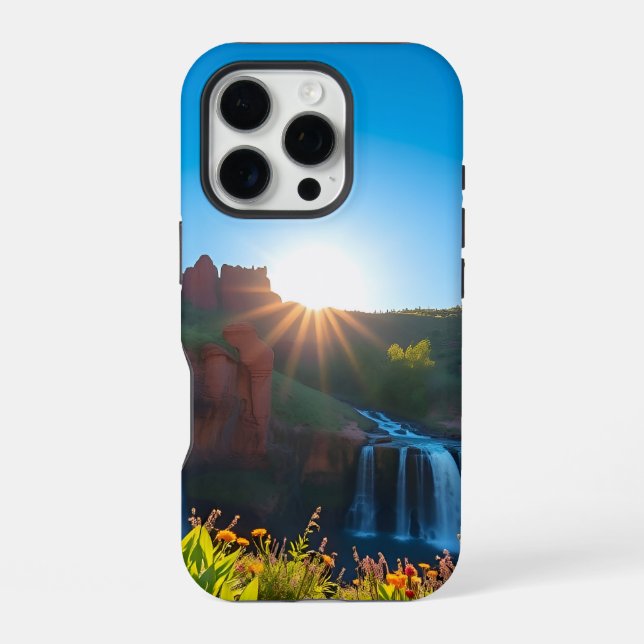 Coque iPhone Paysage de cascade en grès au lever du soleil (Verso)