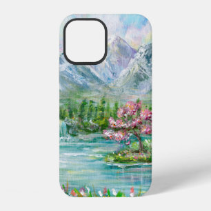 Coque iPhone 12 Paysage de montagne printanier. Acrylique original