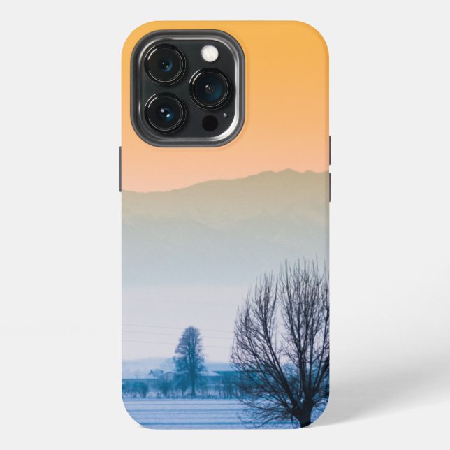 Coque iPhone Paysage hivernal avec ciel doré (Dos)