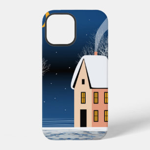 Coque iPhone 12 Paysage hivernal nocturne. Maison confortable, div