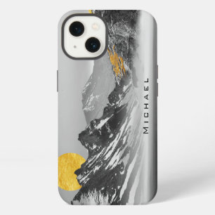 Etui iPhone 13 Paysage Noir Blanc Lune Dorée Nom Personnalisé