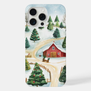 Coque iPhone 15 Pro Max Paysage rustique hivernal à l'aquarelle avec des s