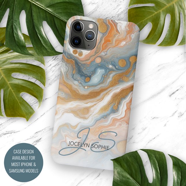 Coque iPhone Peach Orange Turquoise Blue Gold Marble Art Motif (Créateur téléchargé)