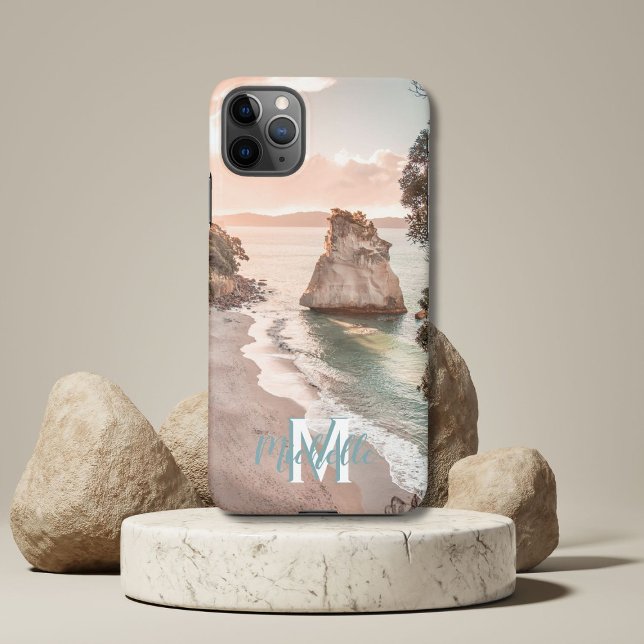 Coque iPhone Peach Sunset Beach Photo Monogramme M Nom (Créateur téléchargé)