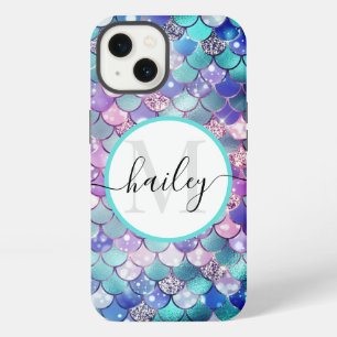 Etui iPhone 13 peau de sirène bleu vert avec parties scintillant