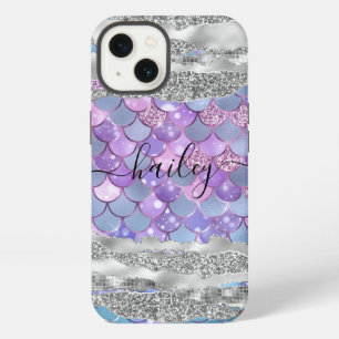 Etui iPhone 13 peau de sirène violette avec paillettes argentées