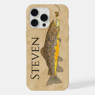 Coque iPhone 15 Pro Max Pêche à la mouche Truite brune Nom personnalisé