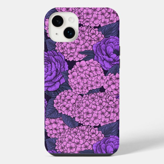 Coque iPhone Peine et hydrangée en rose et violet (Verso)