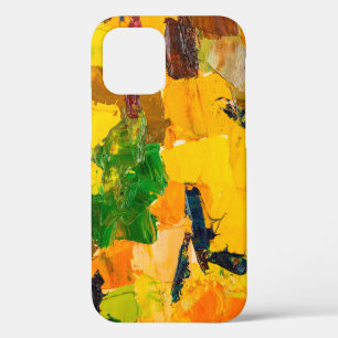 Coque iPhone 12 Peinture Abstraite à l'huile jaune sur toile.