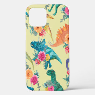Coque iPhone 12 Peinture aquarelle motif dinosaures. Fond sans cou