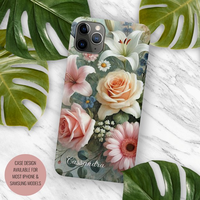 Coque iPhone Peinture botanique d'art fin de roses chic et élég (Créateur téléchargé)