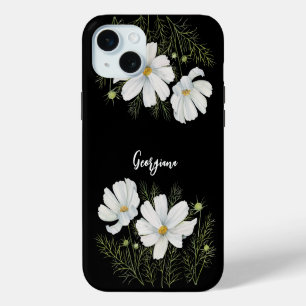 Coque iPhone 15 Plus Peinture botanique de fleurs de cosmos blanches à