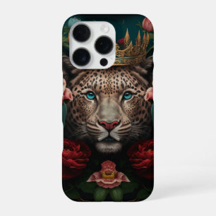 Coque iPhone 16 Pro Peinture de Jaguar avec Couronne de Fleurs