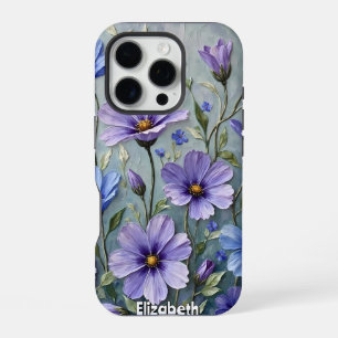 Coque iPhone 16 Pro Peinture florale bleu doux et violet