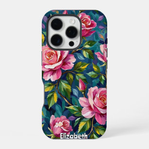 Coque iPhone 16 Pro Peinture florale texturée avec des roses roses